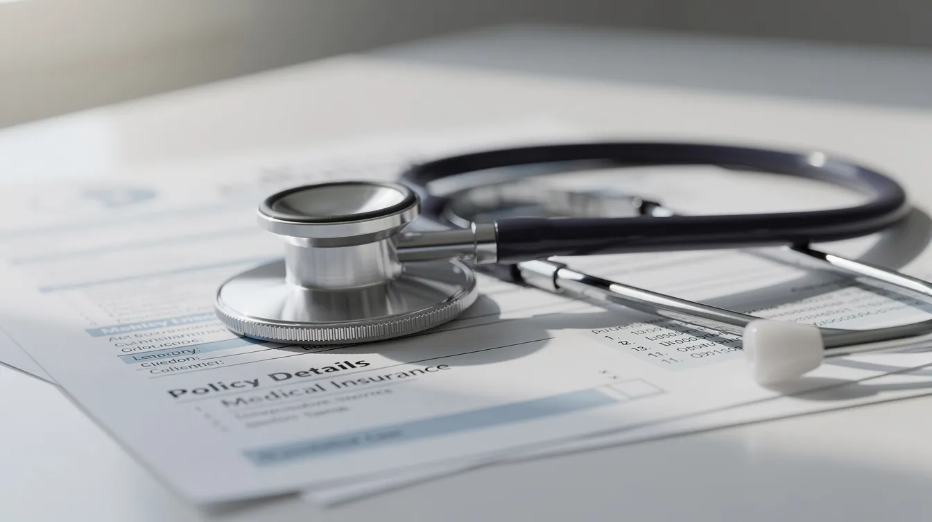 The image features a stethoscope resting on a stack of medical insurance documents, symbolizing the
