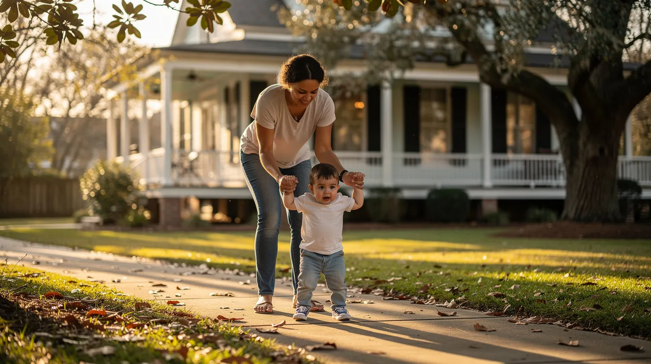 A parent is gently assisting their child as they walk outside their Louisiana home, showcasing a mom