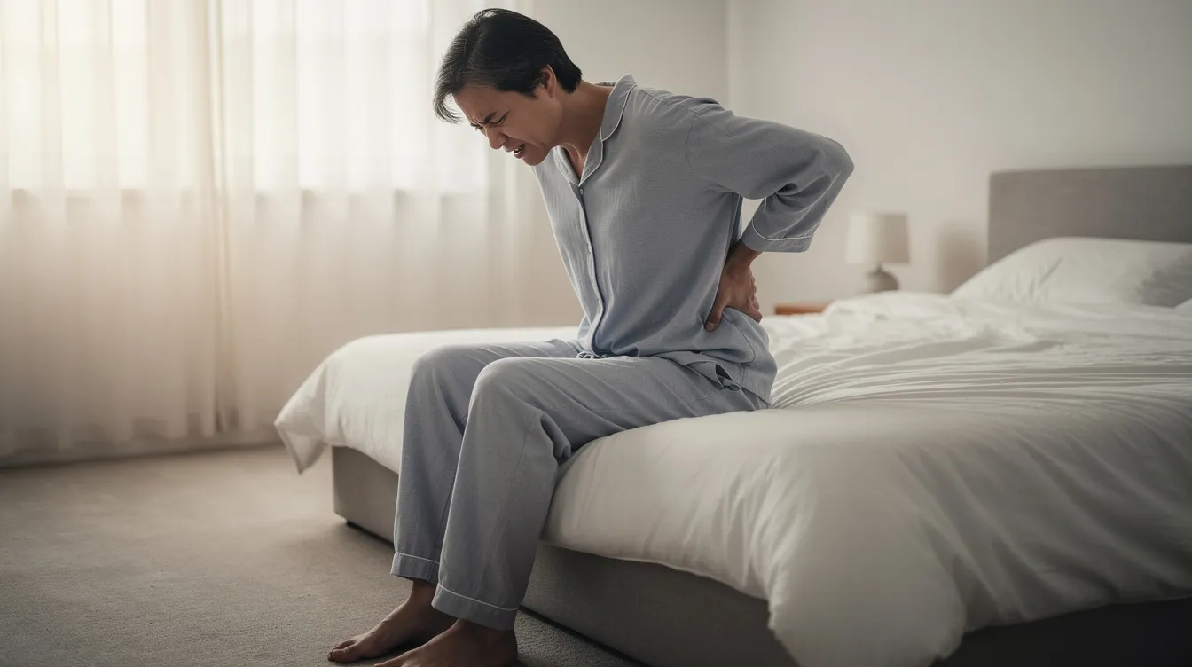An individual is sitting on the edge of a bed, visibly holding their lower back in discomfort, illus