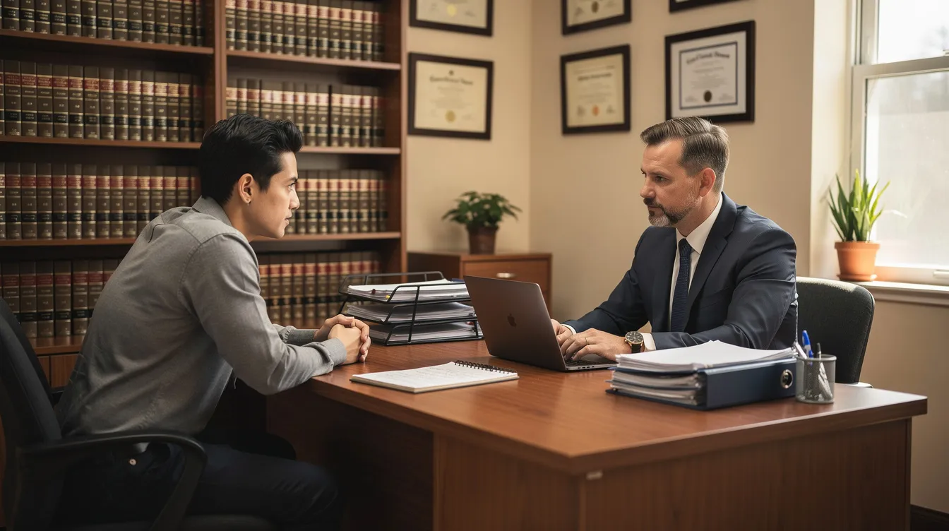 The image depicts a professional attorney sitting across a desk from a client in a small law office,