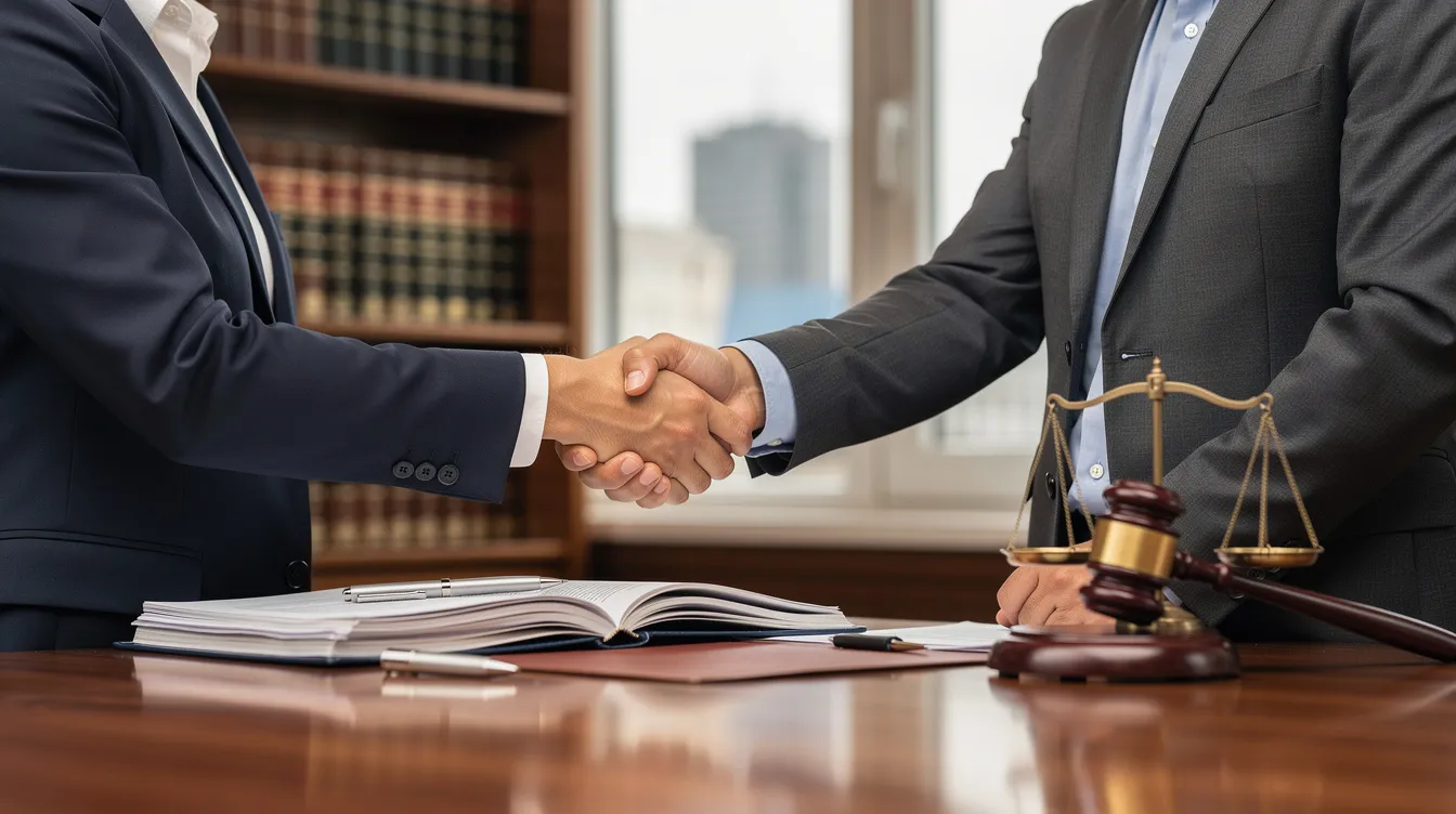 The image depicts a professional handshake between two individuals in a law office, symbolizing a su