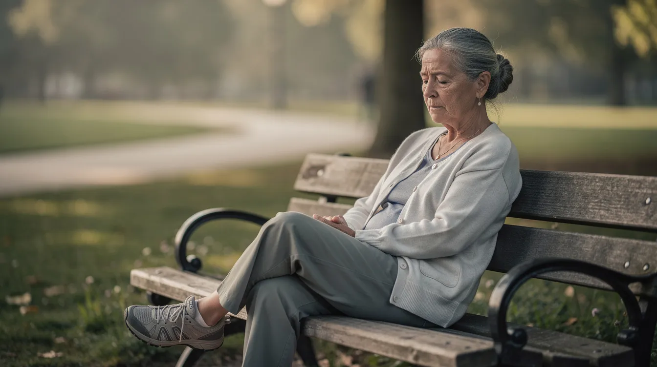 An older woman sits on a bench outdoors, looking fatigued and resting. Her expression suggests she m