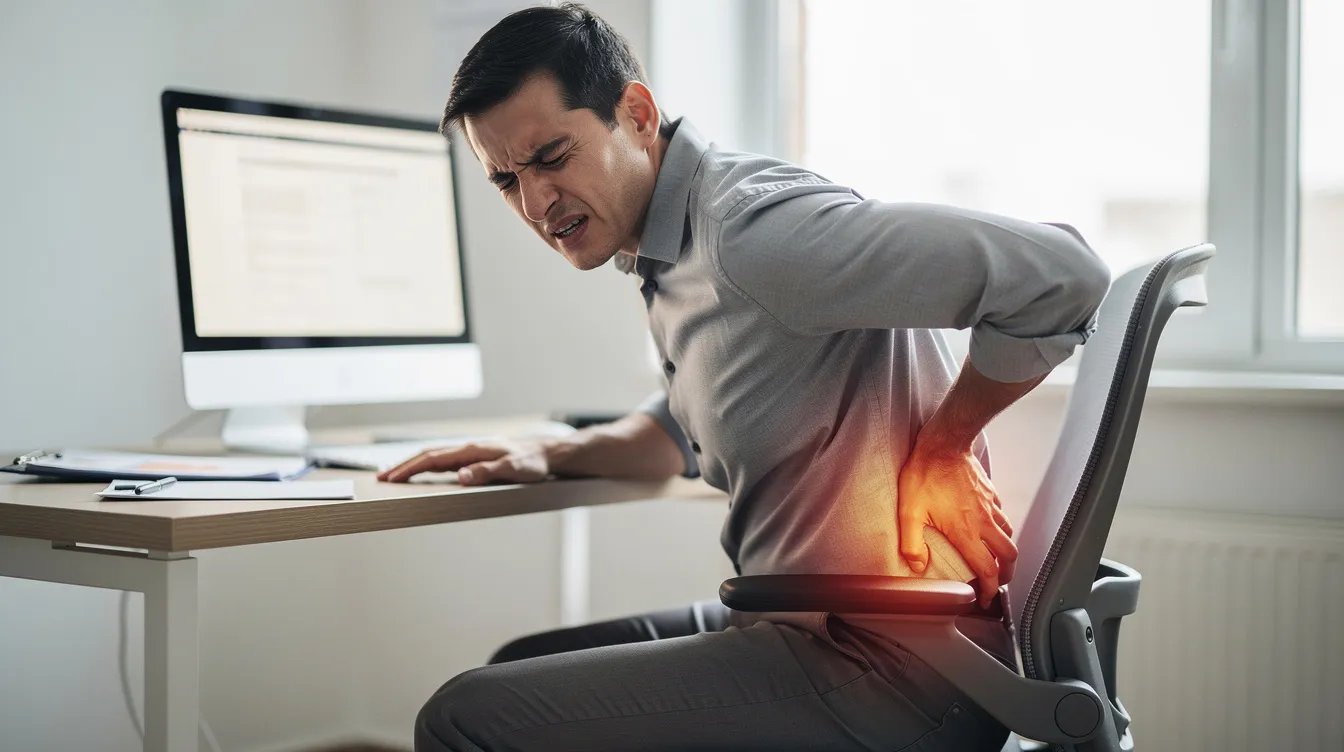 A person is sitting while holding their lower back, showing signs of discomfort, possibly due to a m
