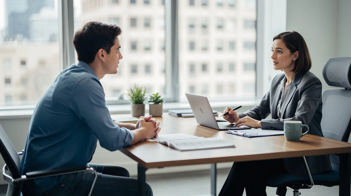 The image depicts a young adult sitting across a desk from a professional advisor in an office setti
