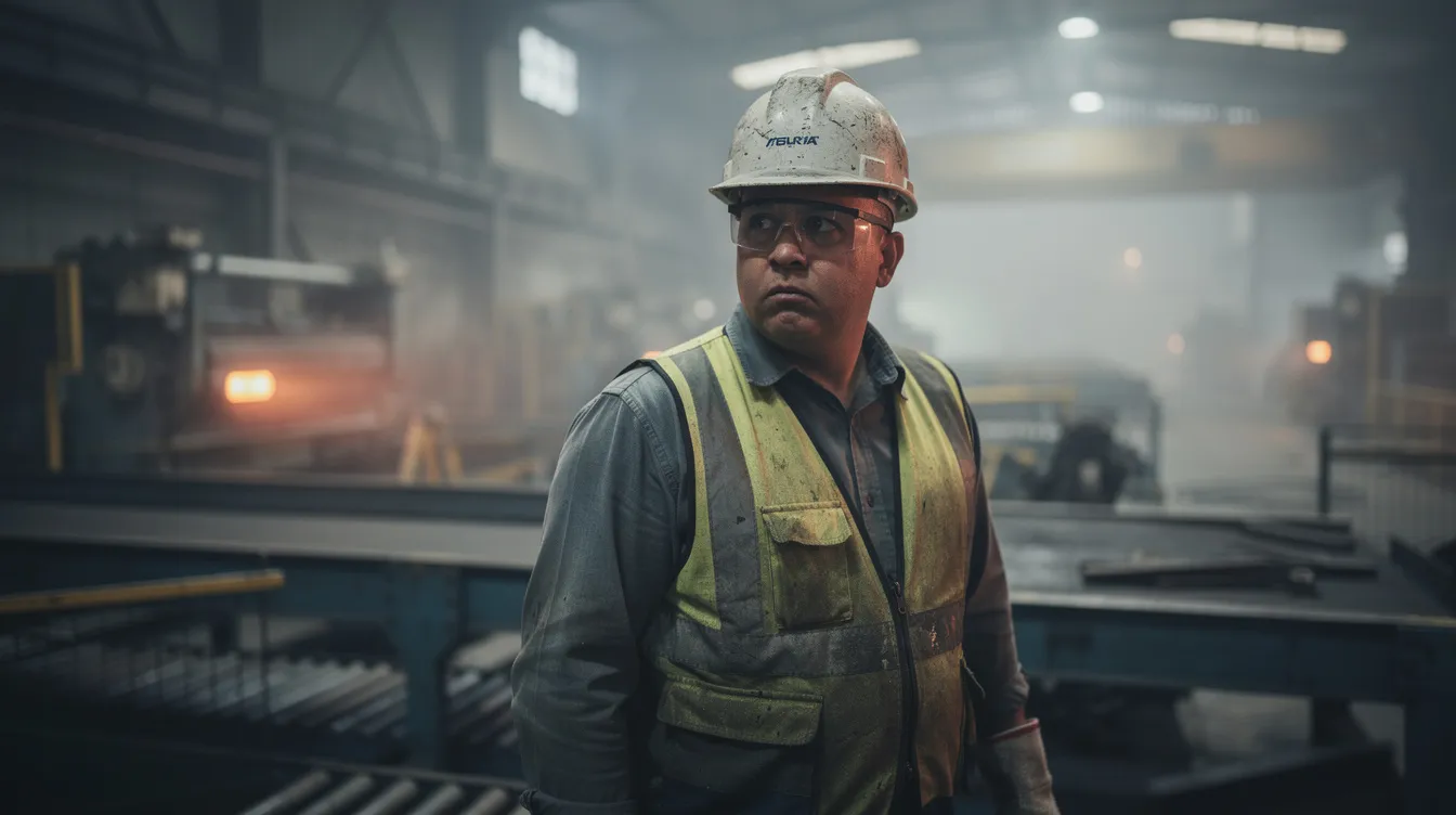 The image shows a worker in an industrial setting with a concerned expression, possibly reflecting o