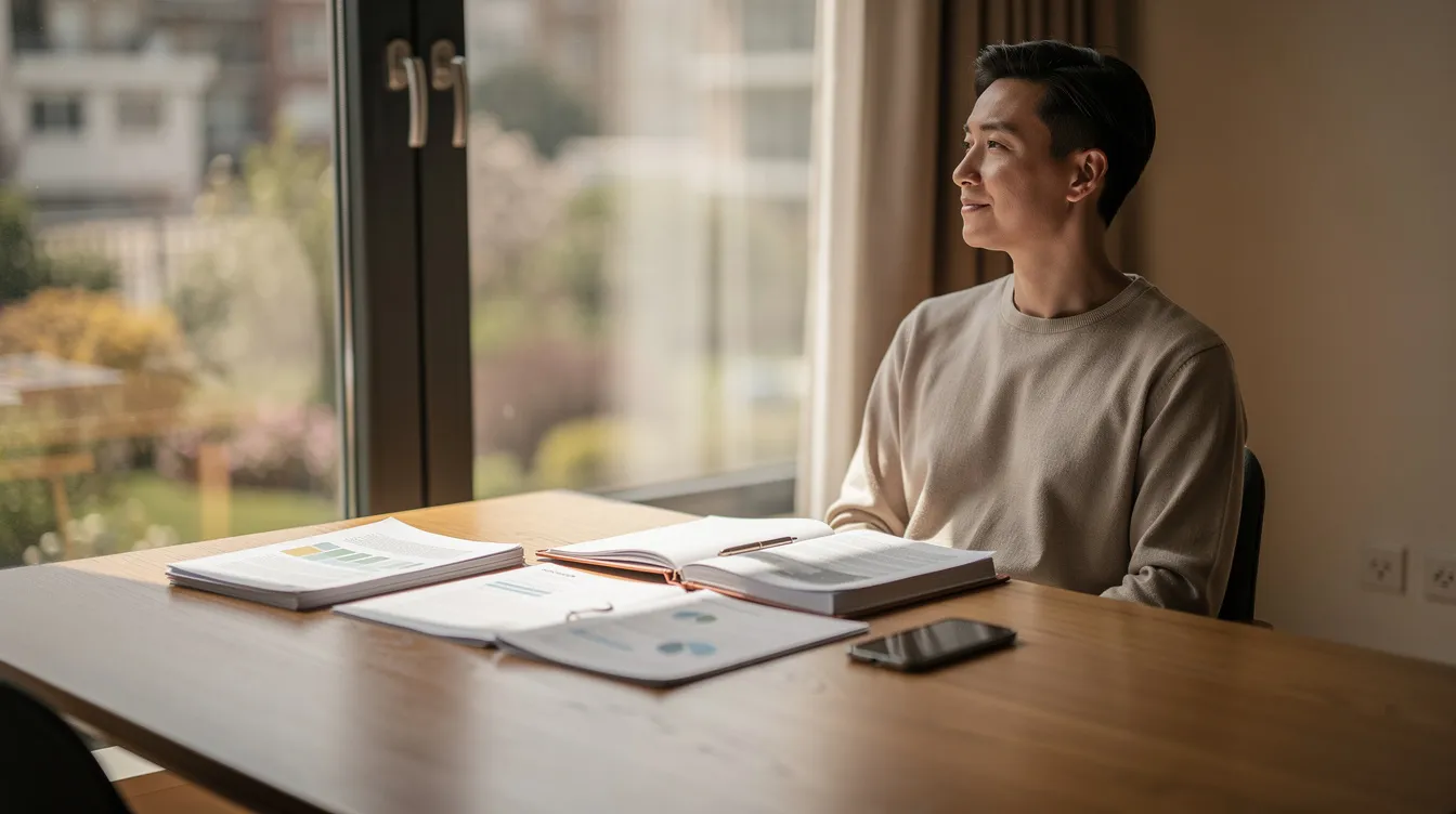A person sits calmly by a window, surrounded by paperwork and a phone on a table, suggesting they ma