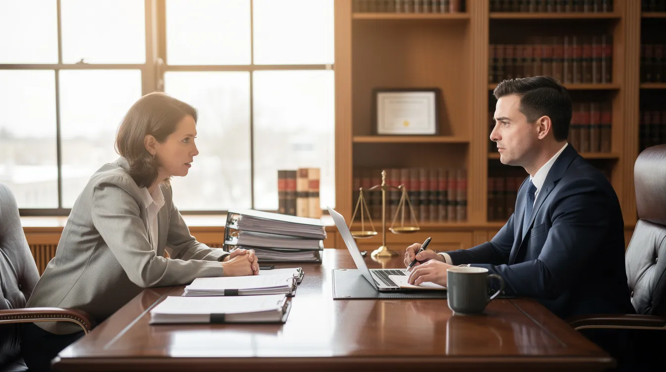 The image depicts a professional legal consultation in an office setting, where an experienced attor