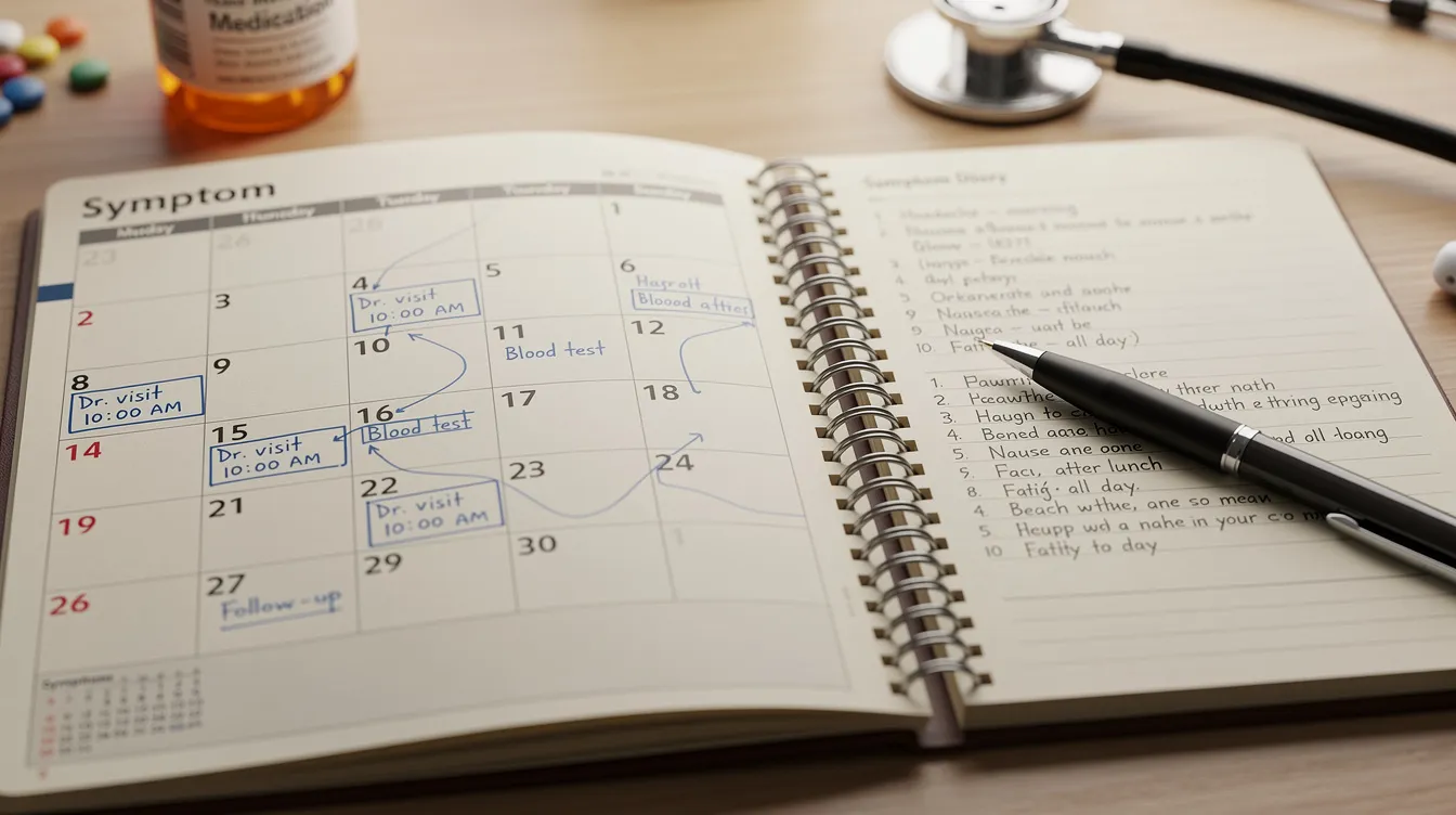 The image shows a calendar filled with notes about various medical appointments and a symptom diary,
