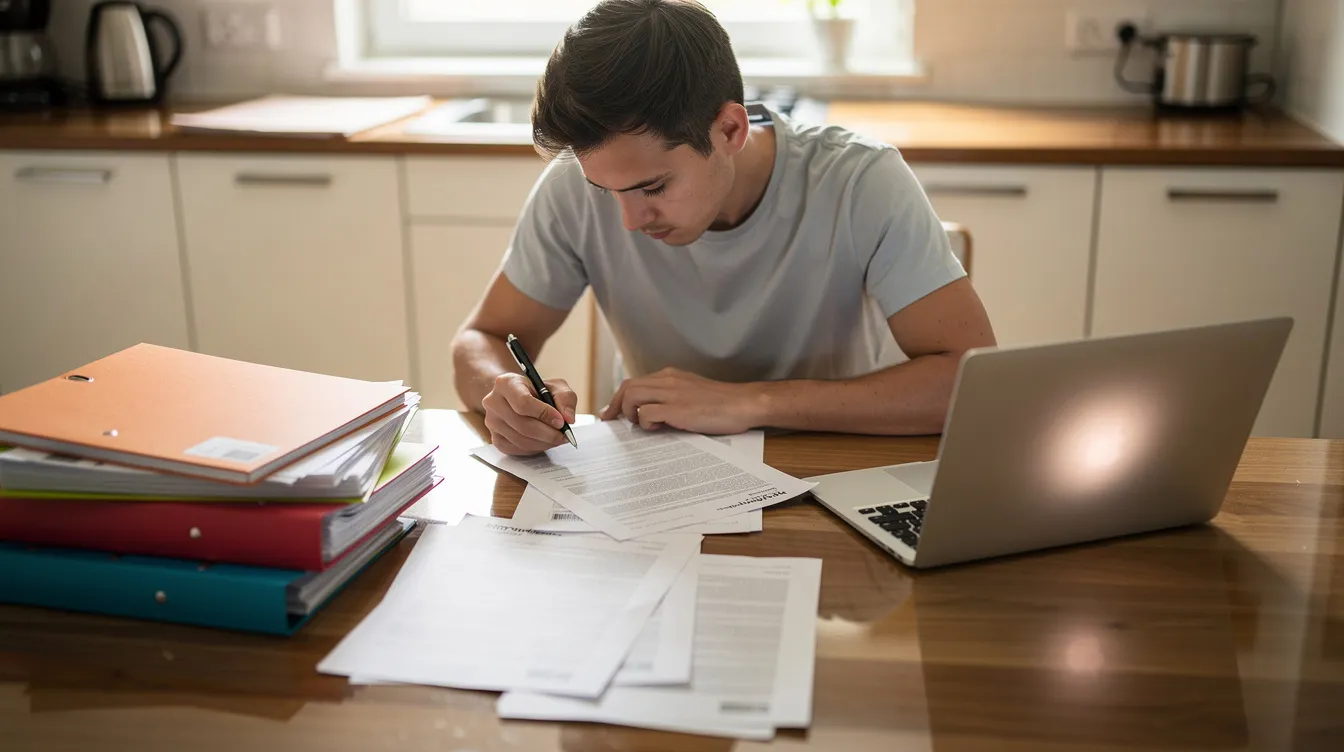 A person sits at a kitchen table, intently reviewing paperwork related to their social security disa
