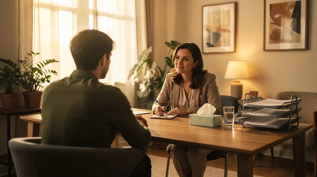 The image depicts a compassionate professional attentively listening to a client at a desk in a warm