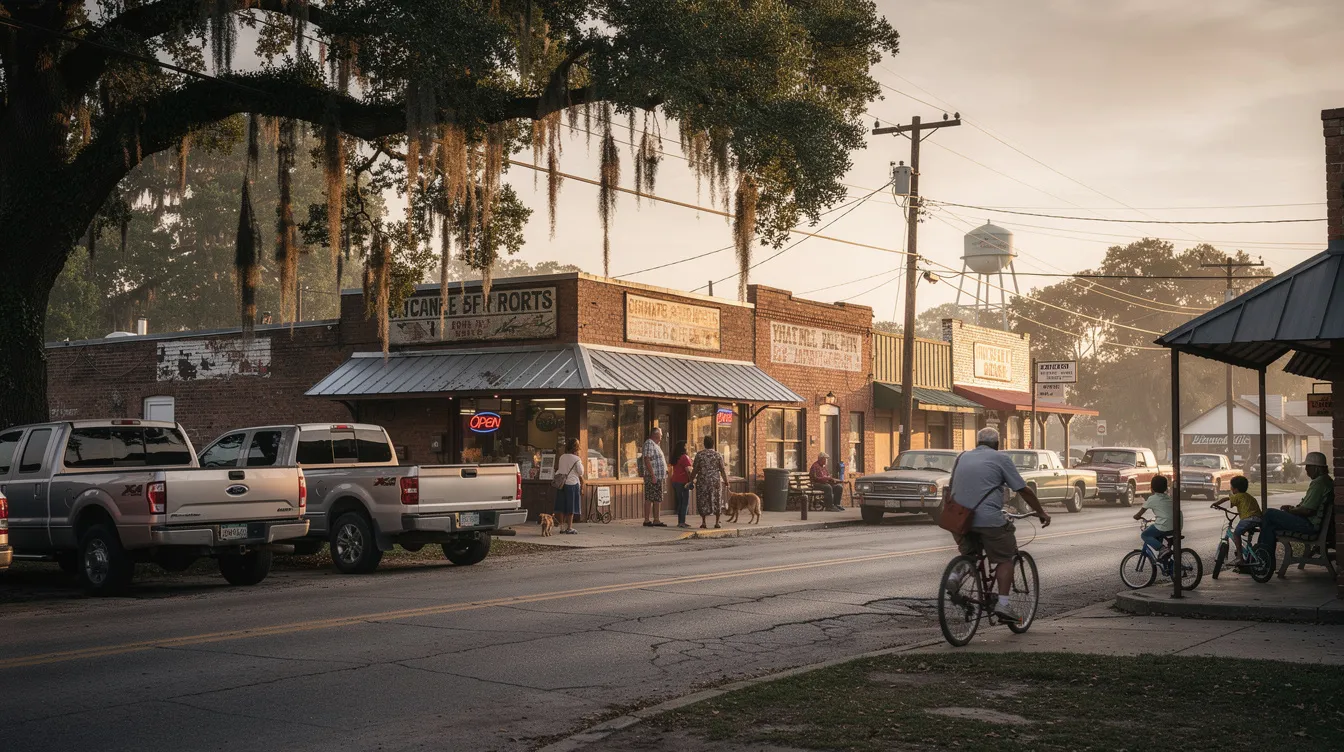 The image depicts a quaint street scene in a small-town Louisiana, showcasing charming storefronts a