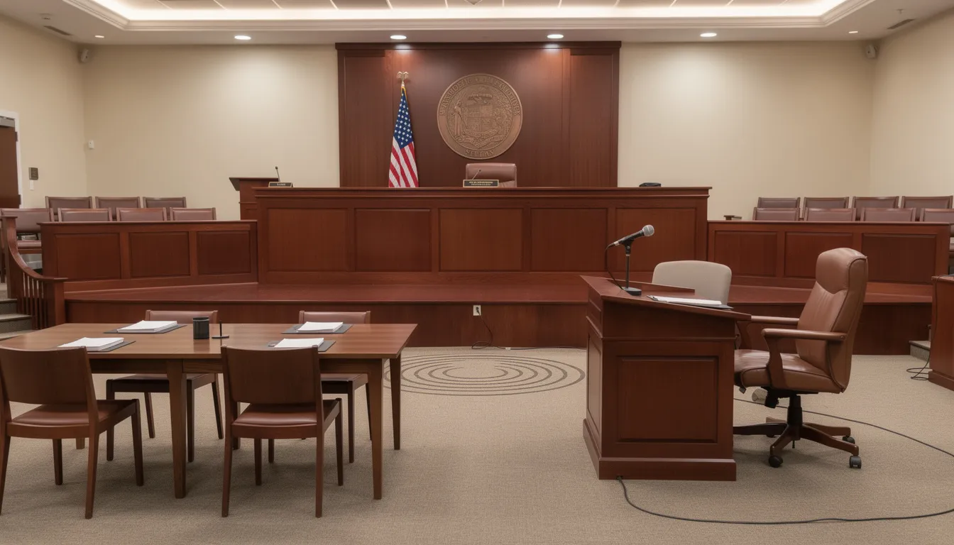 The image depicts a formal hearing room featuring a judge's bench and a designated witness area, typ