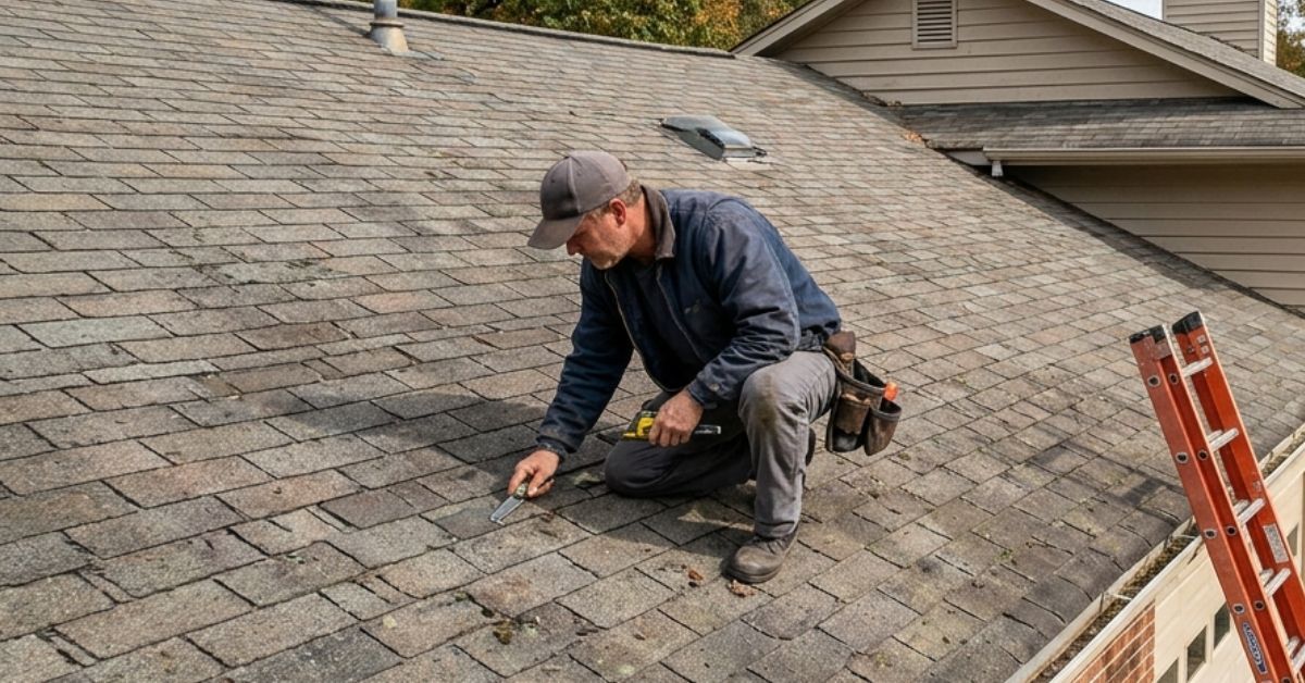 Roofer checking on shingles damage