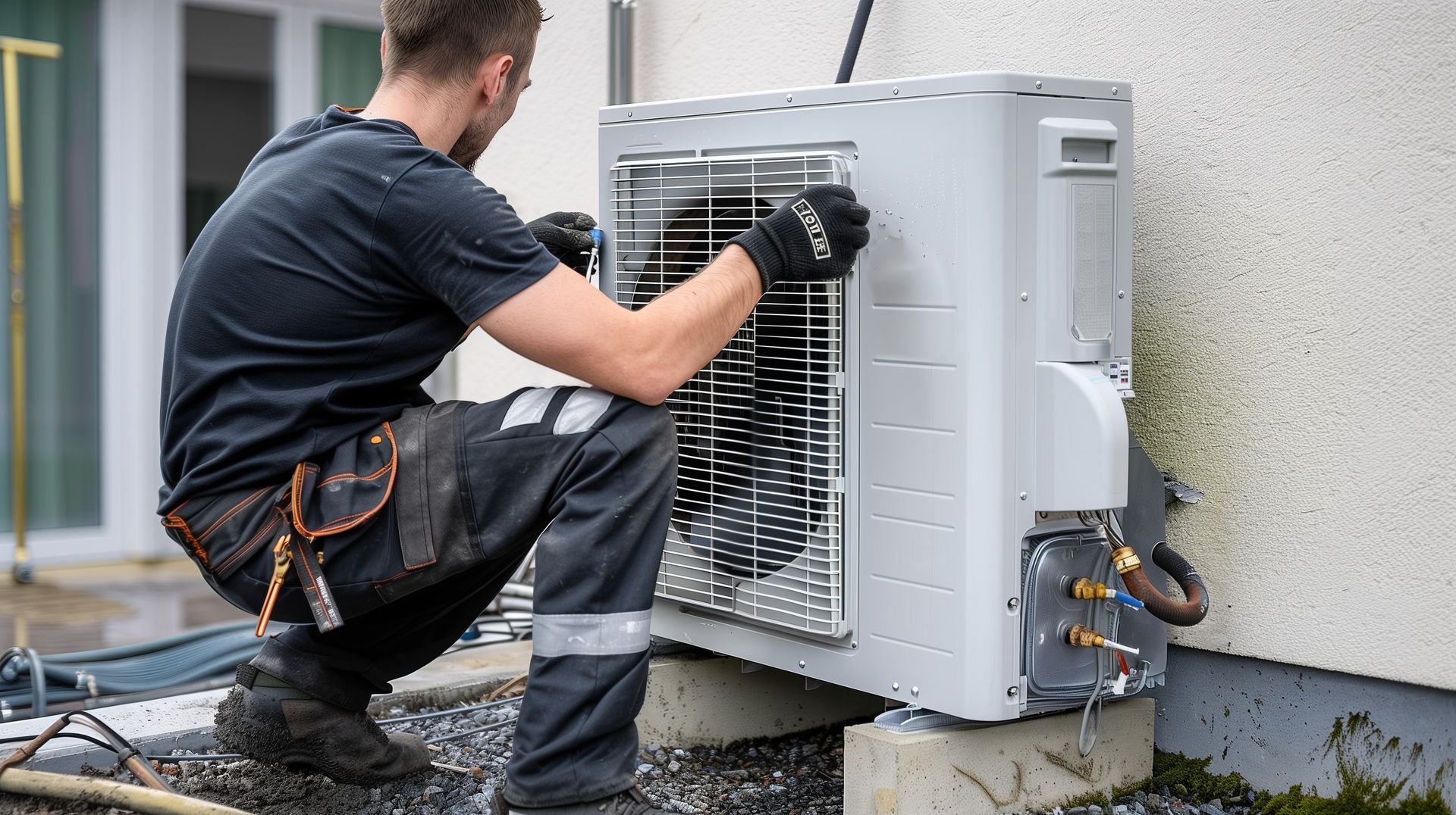 Un technicien en tenue de travail est accroupi à l'extérieur, en train de réparer la grille métallique d'une pompe à chaleur blanche installée au mur.