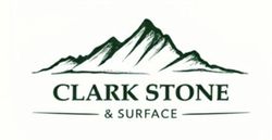 Logo for Clark Stone & Surface: Green mountains above the company name in a serif font and the words "& Surface" below.