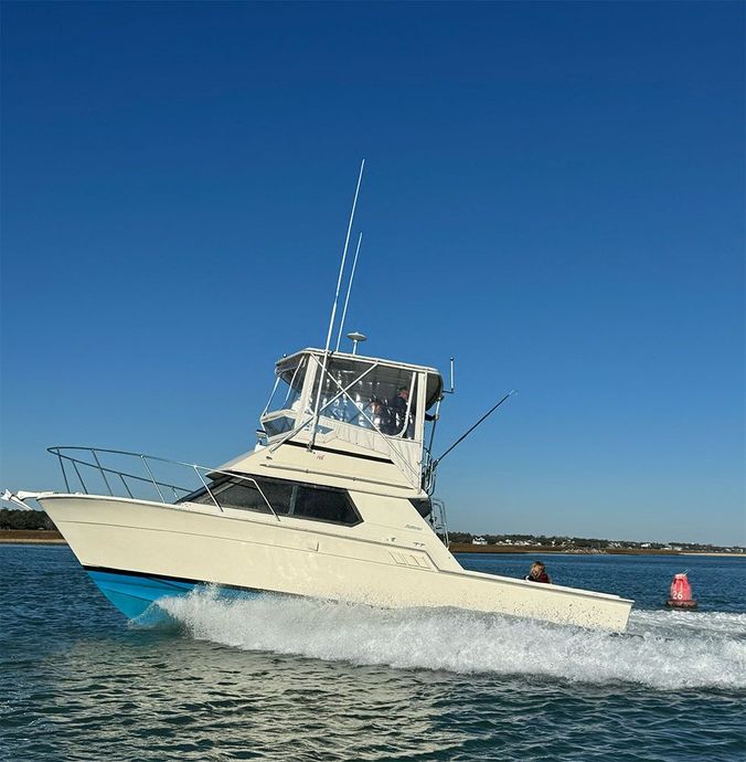 A white motorboat speeds across blue water with people on board under a partly cloudy sky.