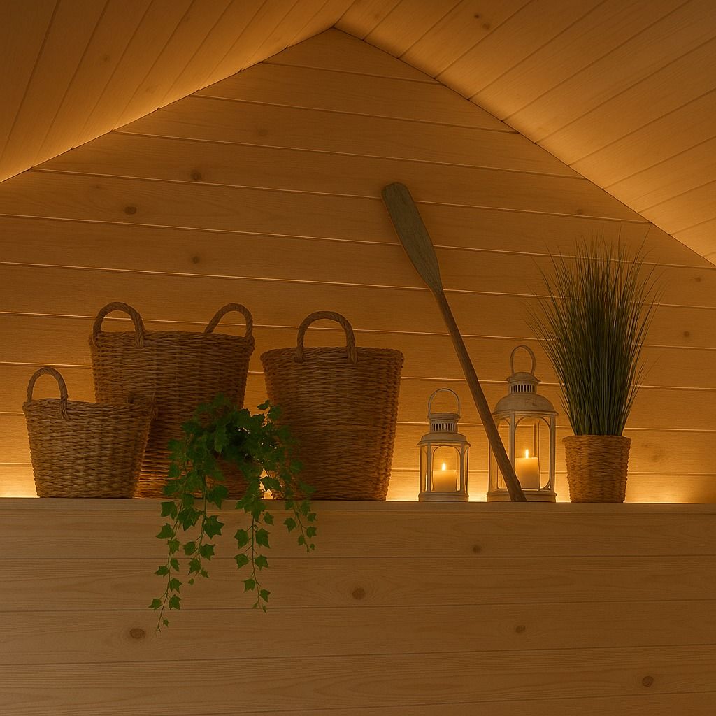 Wooden shelf with wicker baskets, decorative plants, candles, and a paddle.