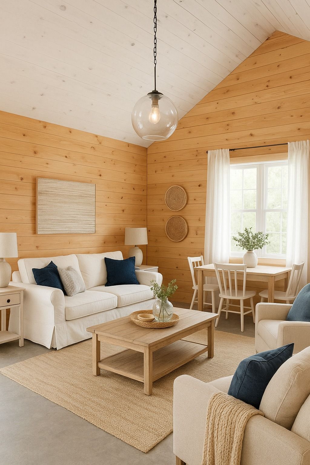Cozy living room with wood-paneled walls, white sofa, jute rug, and dining table by a window.