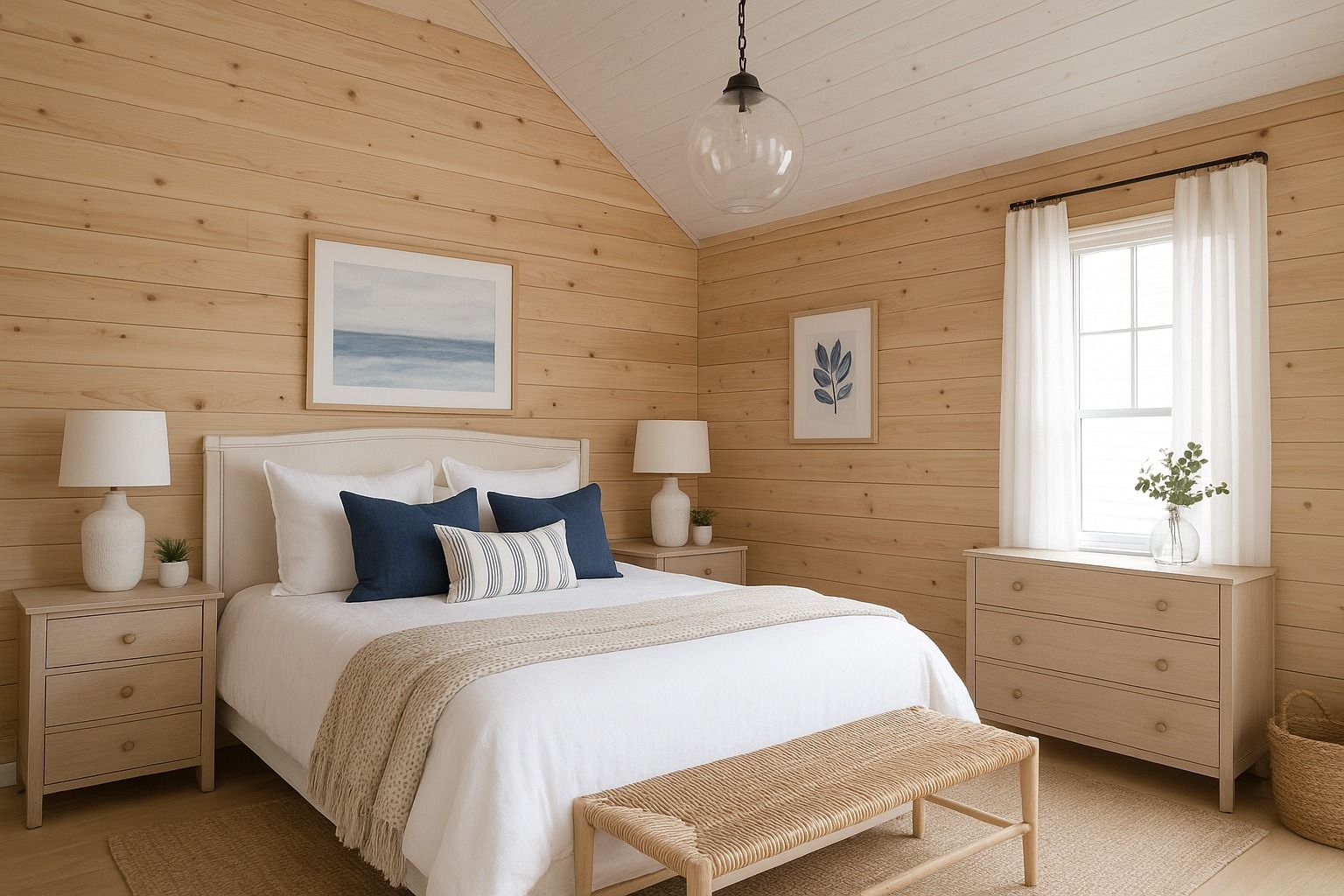 Bedroom with light wood paneling, white bedding, and light-colored furniture.