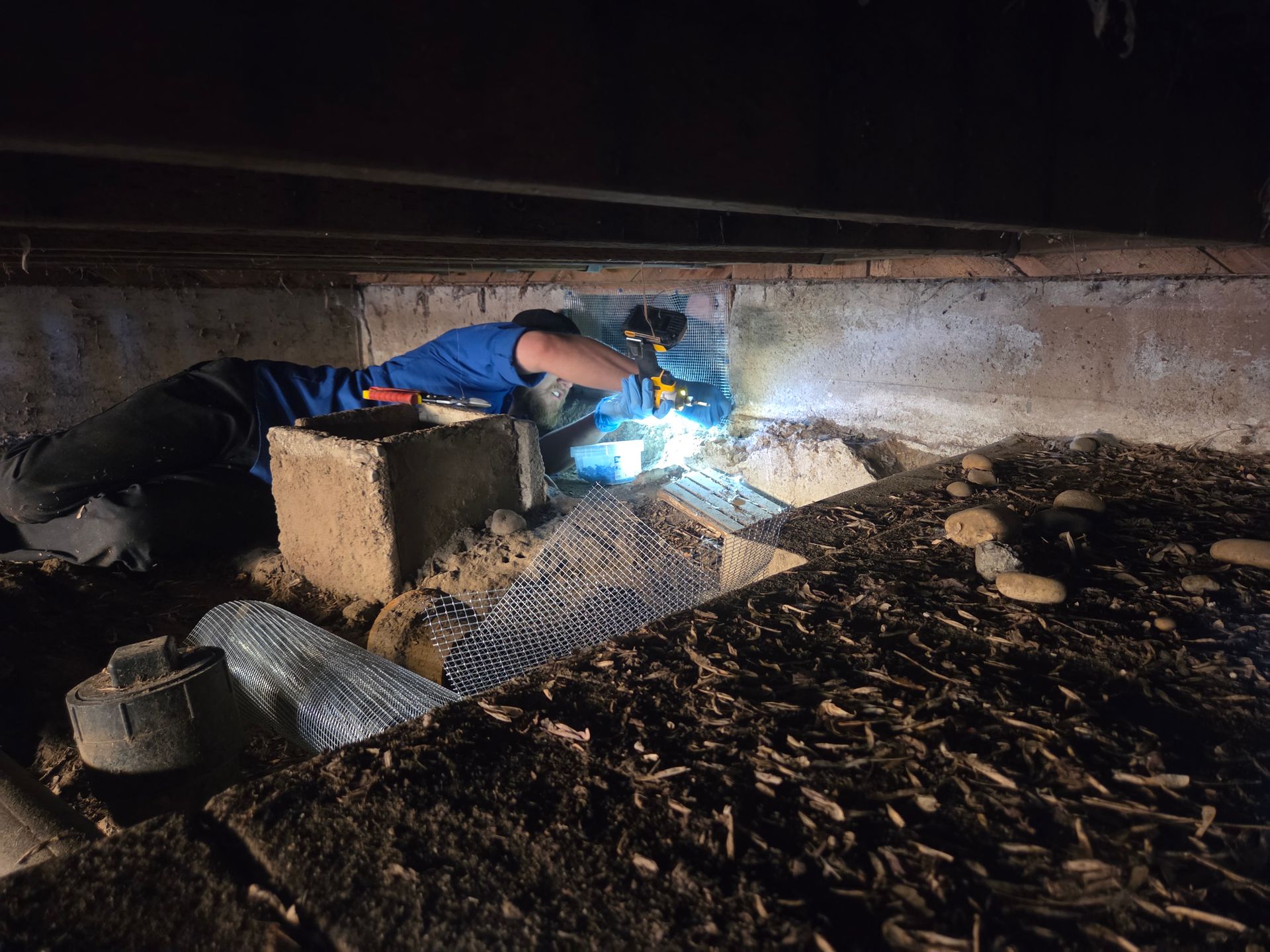 OutLook Pest management tech sealing up a vent screen.