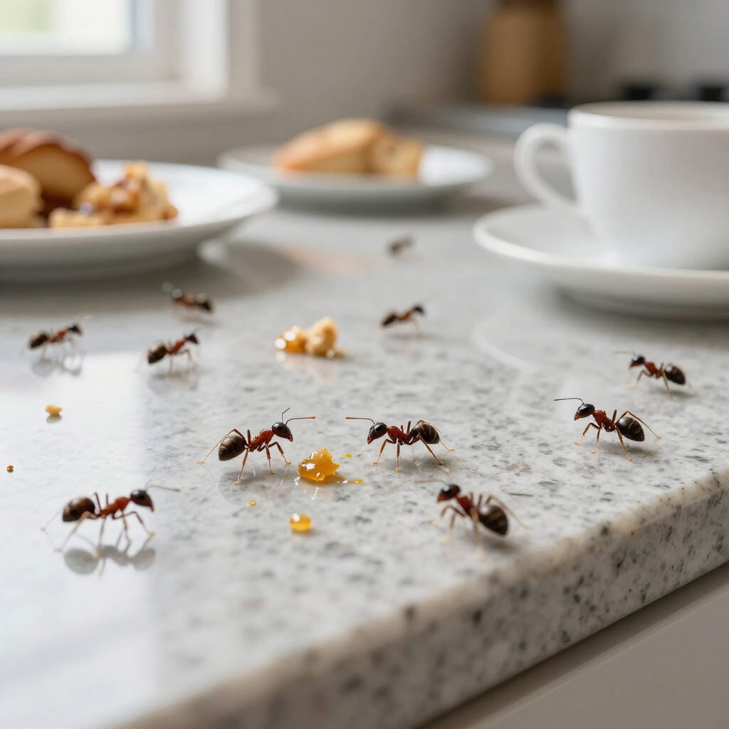 Ants on a Wilsonville, OR Countertop goin after food. 