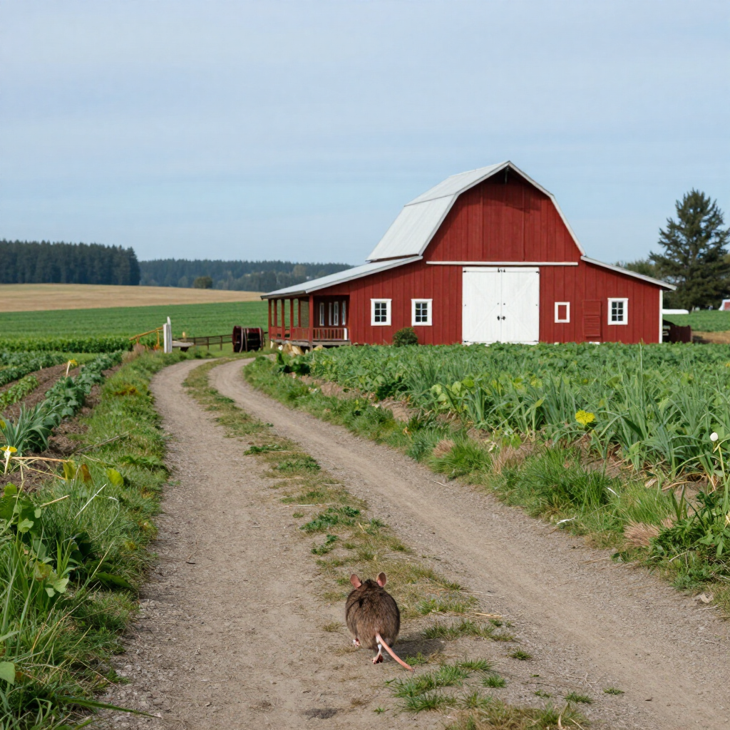 Rodents can quickly invade barns, sheds, and homes in Mulino, OR. OutLook Pest Management provides professional rodent control, exclusion, trapping, and prevention services for rural and residential properties. House mouse traveling toward a traditional red barn on a rural Mulino, Oregon property, illustrating common rodent infestations found around farms, livestock areas, storage buildings, and homes requiring professional rodent control services in Mulino and surrounding communities.