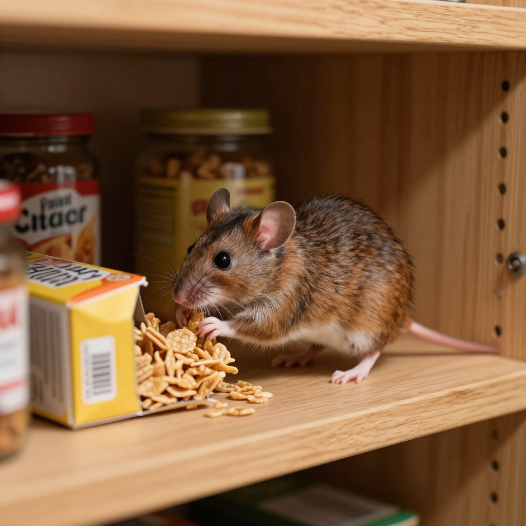 A mouse in your pantry can contaminate food and spread disease. OutLook Pest Management provides professional rodent removal, exclusion, entry-point sealing, and long-term prevention for homes throughout Salem, Keizer, Canby, Oregon City, Wilsonville, Woodburn, and surrounding Oregon communities. Schedule your rodent inspection today! Mouse eating food inside a pantry in an Oregon home, highlighting the need for professional rodent removal and exclusion services.
