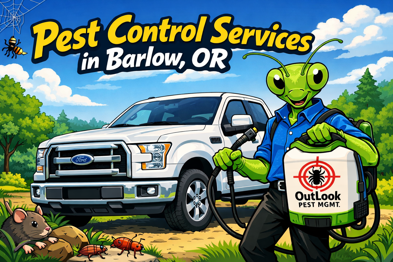 Cartoon banner for OutLook Pest Management showing Manny the Mantis in a blue button-up shirt and black pants standing beside a white 2016 Ford F-150, holding a FlowZone backpack sprayer with the OutLook Pest Mgmt. logo, with the text “Pest Control Services in Barlow, OR.”