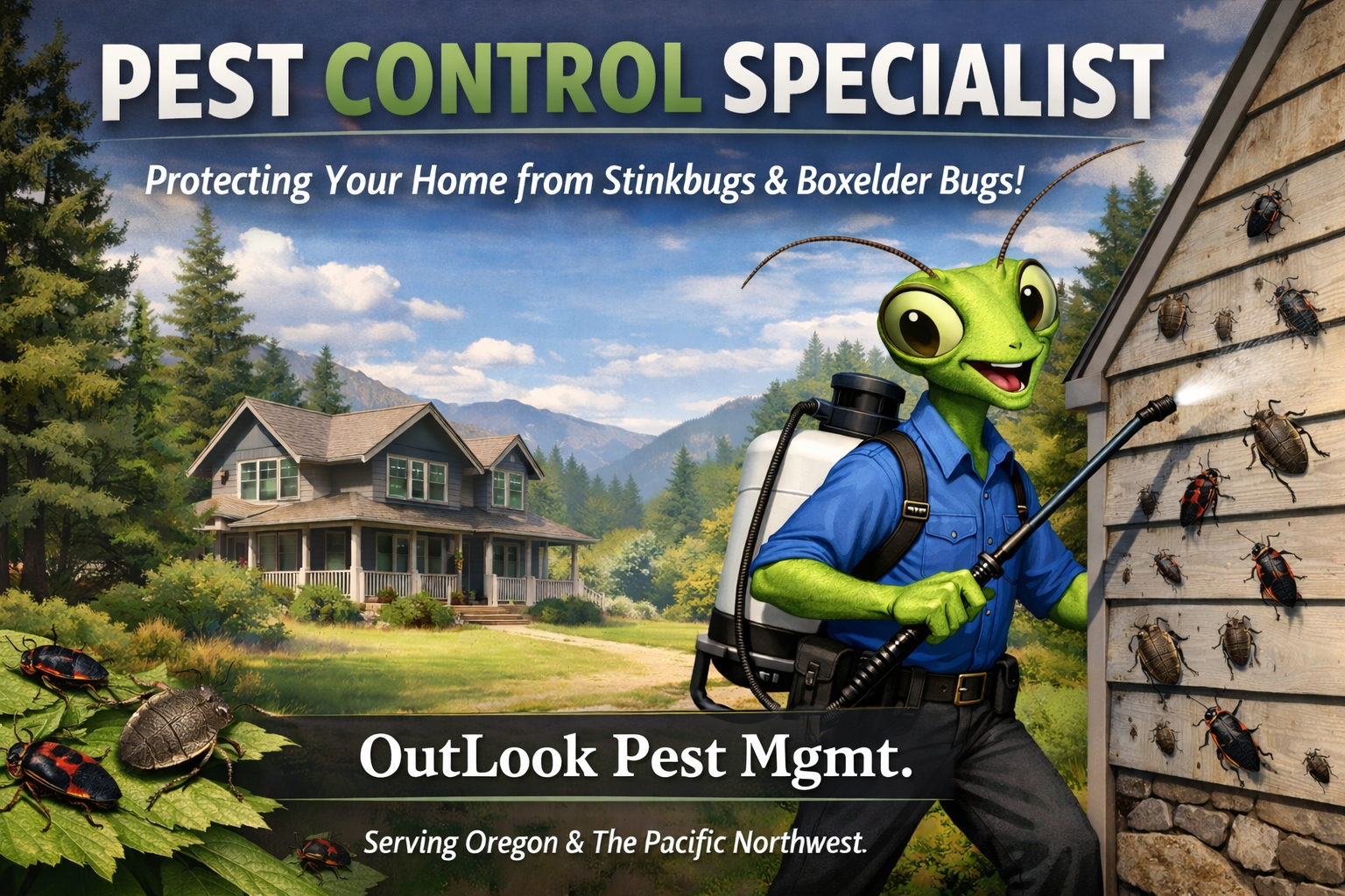 Cartoon Manny the Mantis from OutLook Pest Mgmt treating exterior of Oregon home for stink bugs and boxelder bugs in the Pacific Northwest using a backpack sprayer