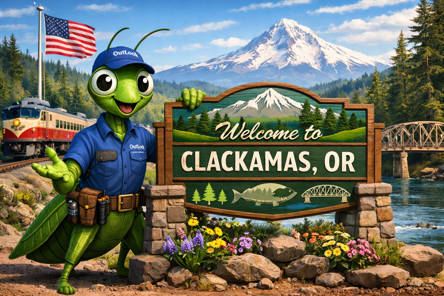 Manny the Mantis Welcome to Clackamas Oregon pest control banner.