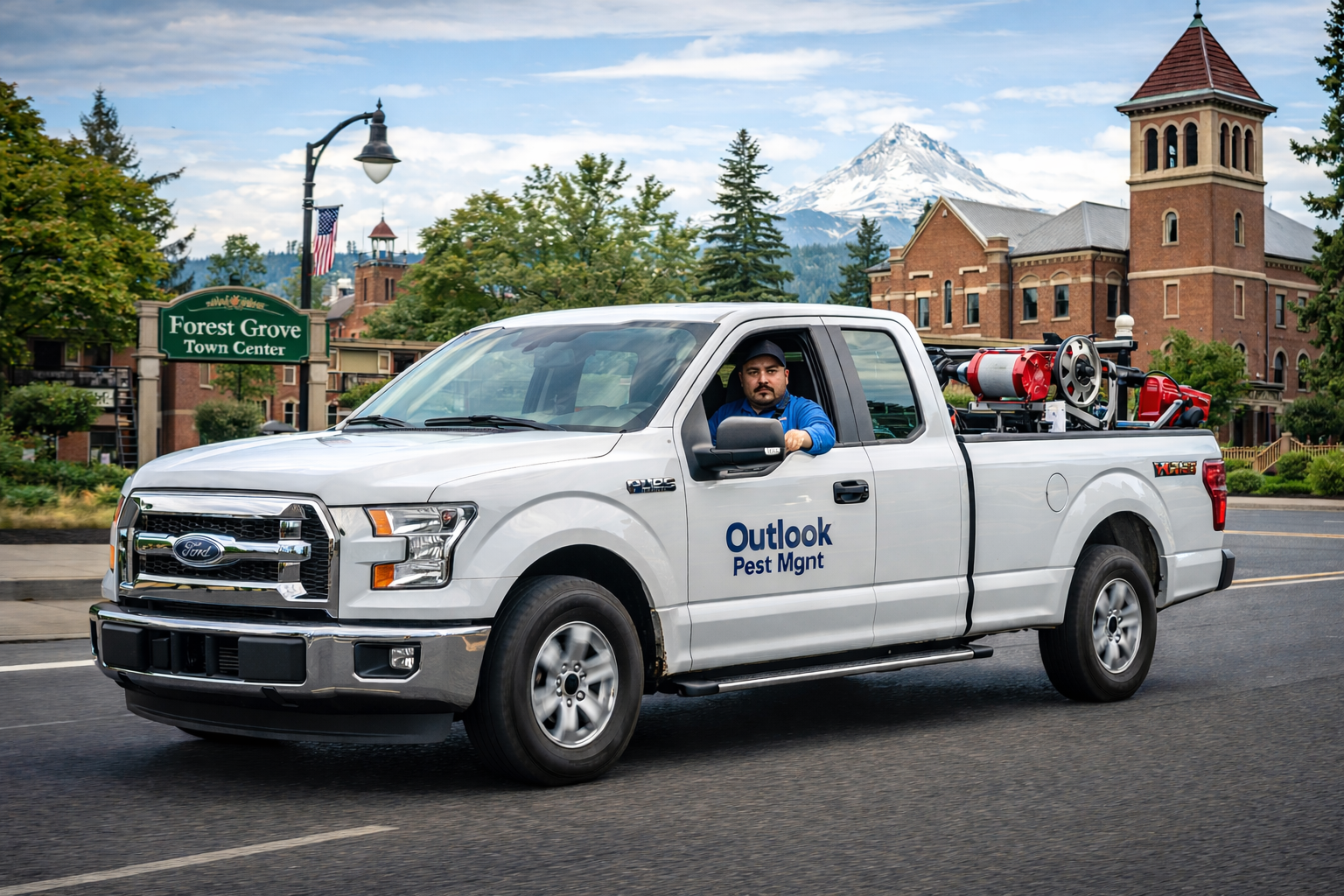 OutLook Pest Management technician servicing Forest Grove OR in fully equipped Ford F150 for ants, spiders, rodents and pest control OutLook pest control technician driving white Ford F150 with OutLook Pest Management logo and equipment through Forest Grove Oregon near Pacific University providing local pest control services