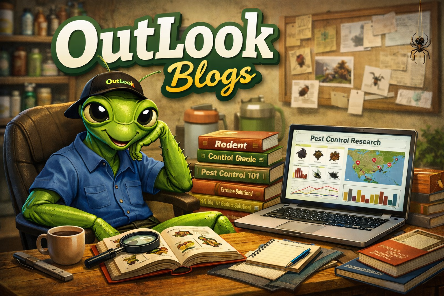 Cartoon Manny the Mantis wearing a blue button-up shirt and black OutLook Pest Management hat sitting at a desk with pest control books and laptop researching pest control information for OutLook Blogs.