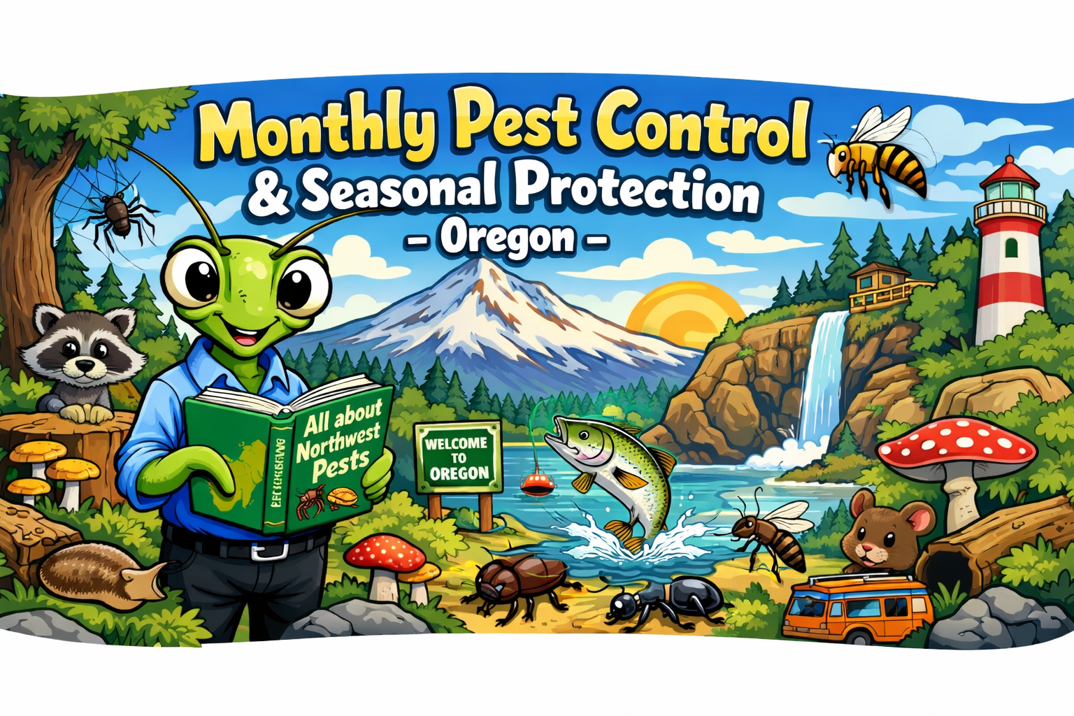 Monthly Pest Control & Seasonal Protection in Oregon — Manny the Mantis and Northwest pests with Mount Hood and Oregon scenery. Cartoon website header banner for OutLook Pest Management showing Manny the Mantis in a blue button-up shirt and black pants holding an “All about Northwest pests” book, with the text “Monthly Pest Control & Seasonal Protection – Oregon,” plus Oregon scenery (Mount Hood, forest, waterfall, lighthouse, lake with a jumping fish) and common pests like ants, spiders, and beetles.