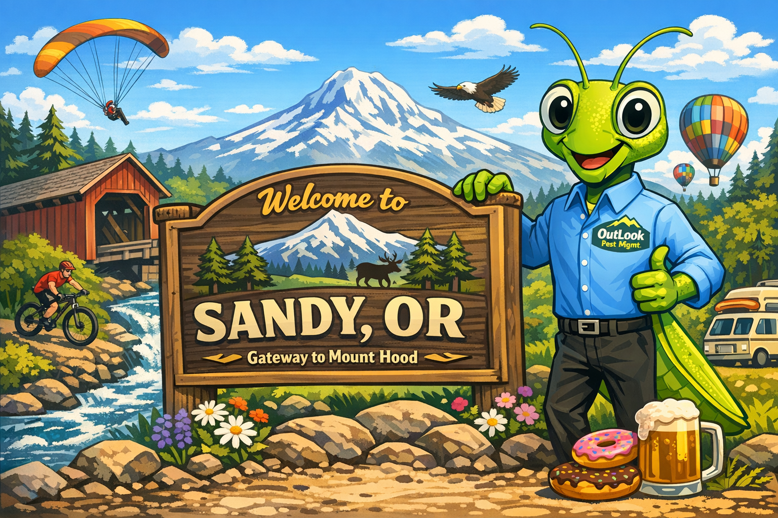 Manny the Mantis Welcome to Sandy Oregon pest control banner.