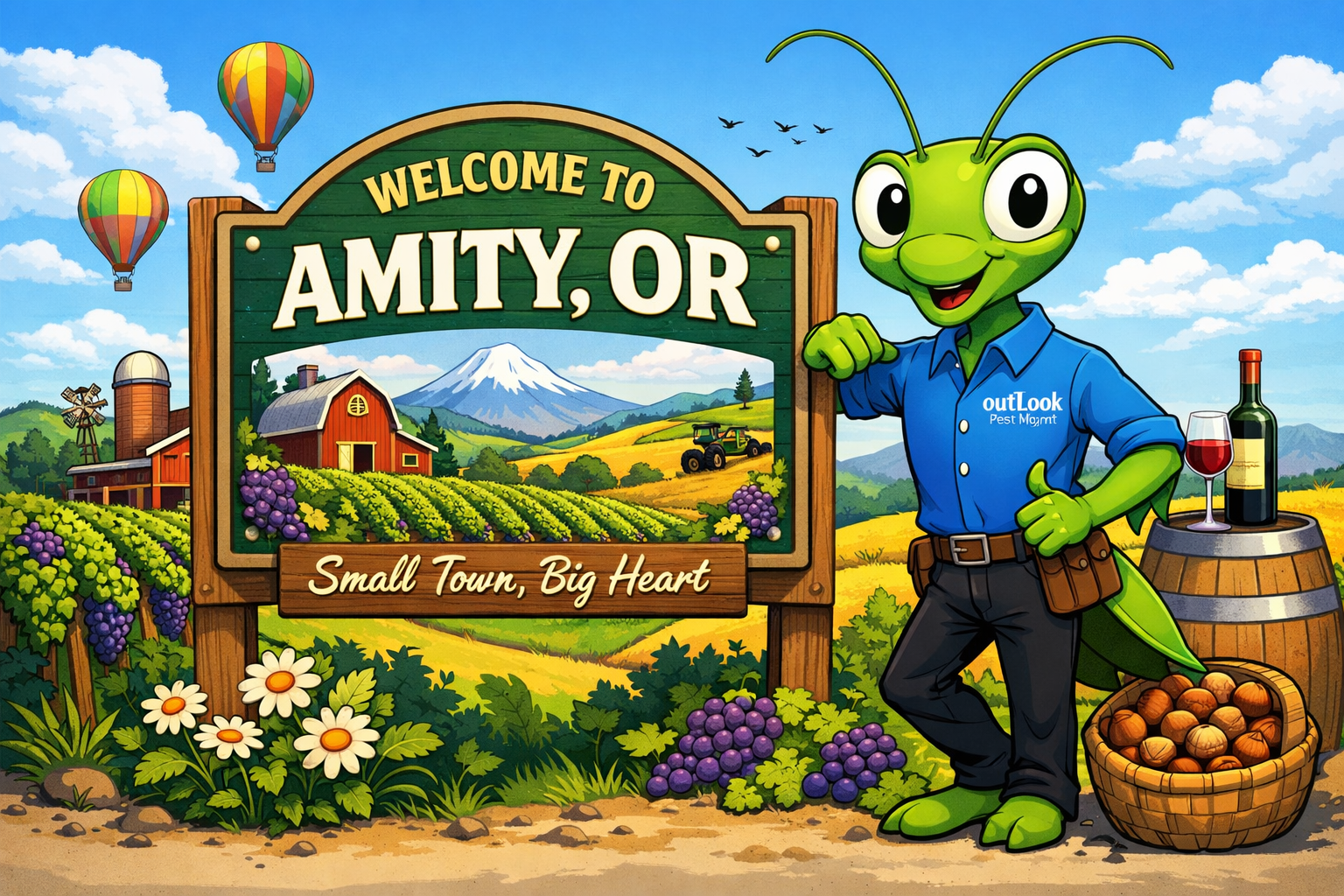 Manny the Mantis Welcome to McMinville Oregon pest control banner.