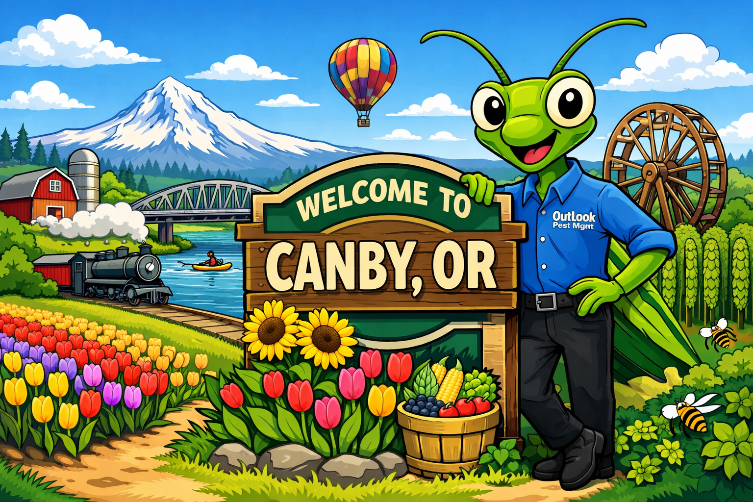 OutLook Pest Management proudly serving Canby Oregon Manny the Mantis Canby Oregon pest control banner with Mt Hood and farmland
