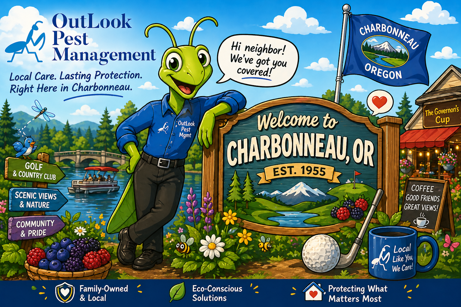 Cartoon banner of Manny the Mantis from OutLook Pest Management welcoming visitors to Charbonneau, Oregon, standing beside a “Welcome to Charbonneau, OR” sign with golf imagery, river scenery, berries, flowers, and community landmarks. OutLook Pest Management logo featured in a fun colorful local pest control banner for residential and commercial services in Charbonneau, Oregon.