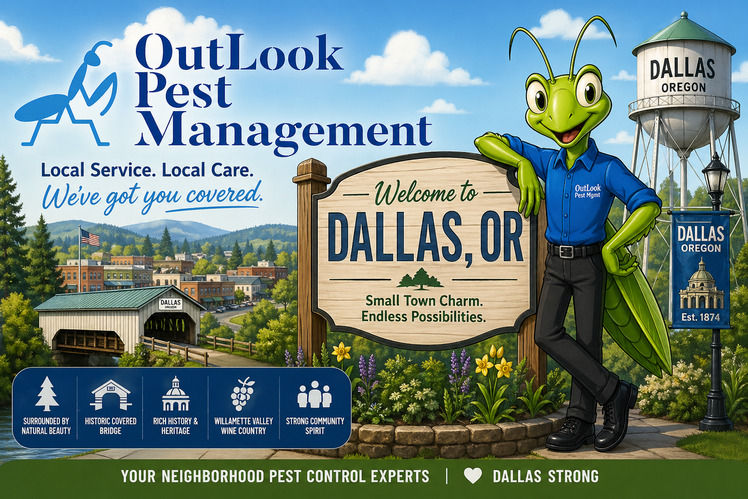 Cartoon landing page banner for OutLook Pest Management featuring Manny the Mantis in a blue uniform and black pants standing beside a “Welcome to Dallas, OR” sign, with Oregon scenery, small-town buildings, a water tower, covered bridge, trees, flowers, and Willamette Valley imagery.