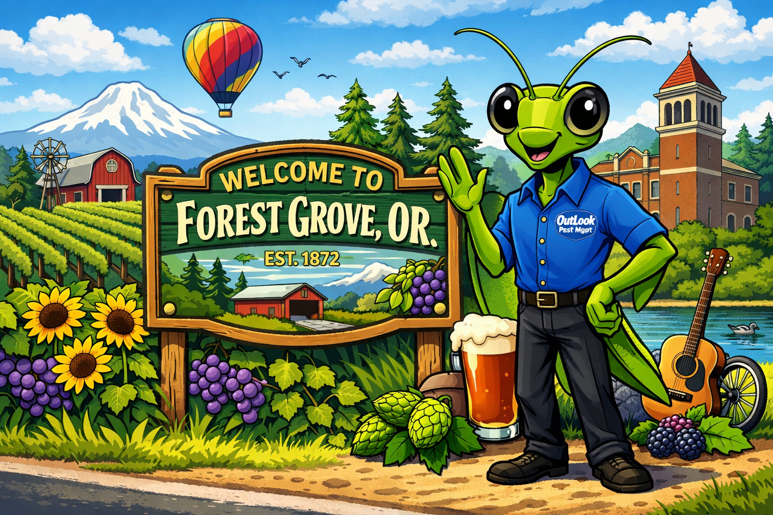 OutLook Pest Management serving Forest Grove OR with local pest control for ants, spiders, wasps and rodents Cartoon Manny the Mantis in blue OutLook Pest Mgmt shirt standing next to Welcome to Forest Grove Oregon sign with vineyards, Mt Hood, Pacific University and Oregon scenery representing local pest control services