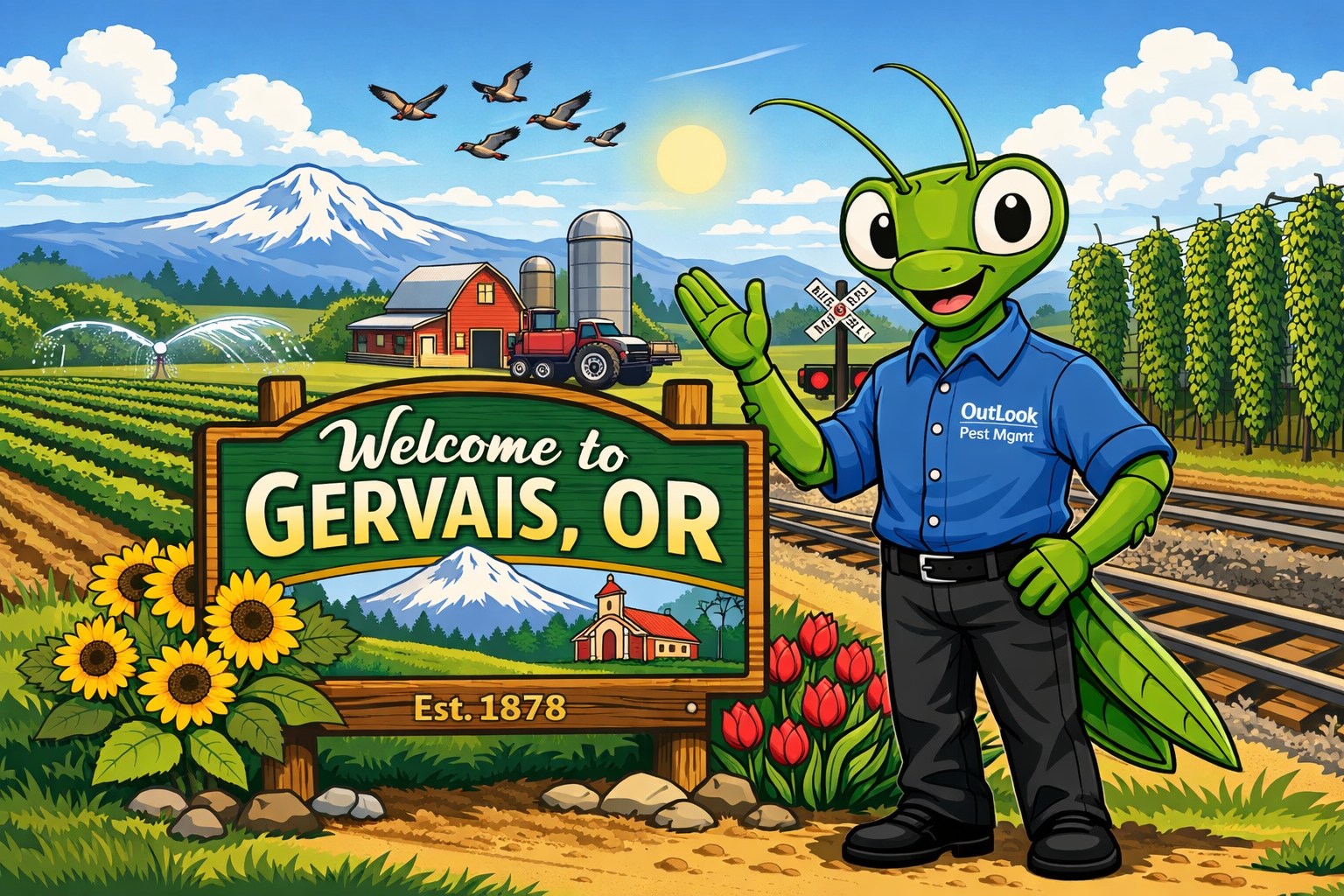 Manny the mantis next to a Welcome to Gervais, Oregon sign.