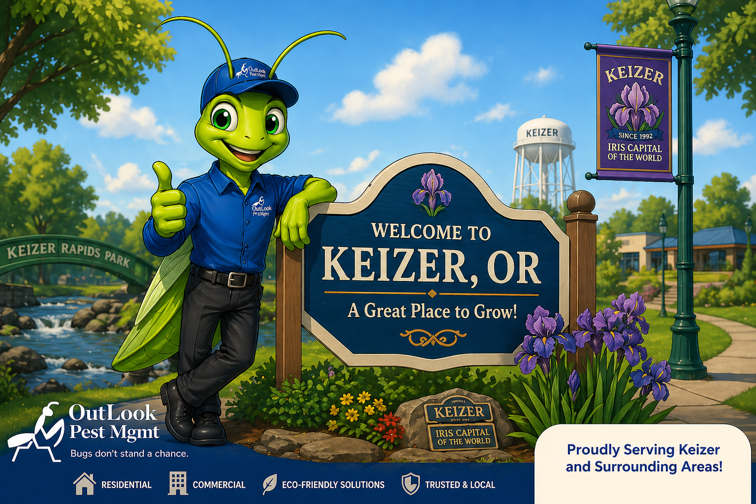 OutLook Pest Management Keizer Oregon pest control banner with Manny the Mantis mascot by Welcome to Keizer sign, featuring Keizer Rapids Park, iris flowers, and local landmarks for residential and commercial pest control in Keizer OR.