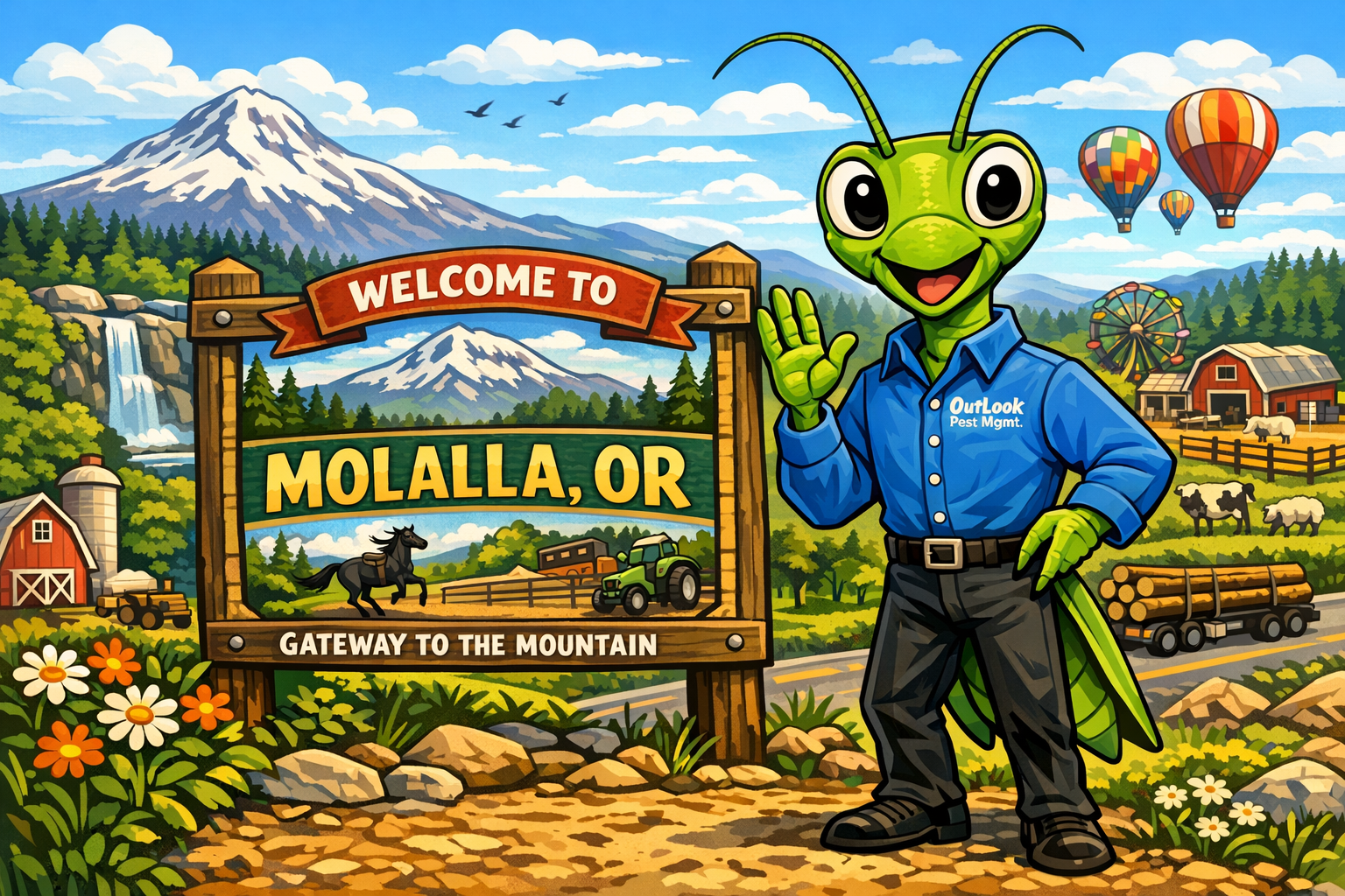 Local exterminator Molalla Oregon OutLook Pest Management Manny the Mantis banner with Oregon countryside farms rodeo and mountain views