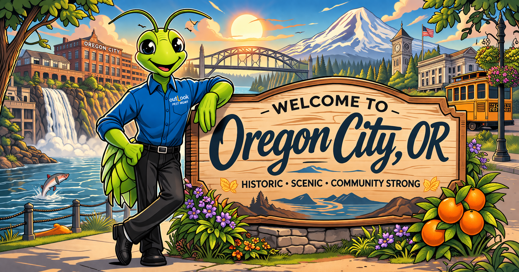 Cartoon Manny the Mantis from OutLook Pest Management wearing a blue uniform standing next to a “Welcome to Oregon City, OR” sign with Willamette Falls, historic downtown, and Mount Hood in the background representing local pest control services in Oregon City Oregon