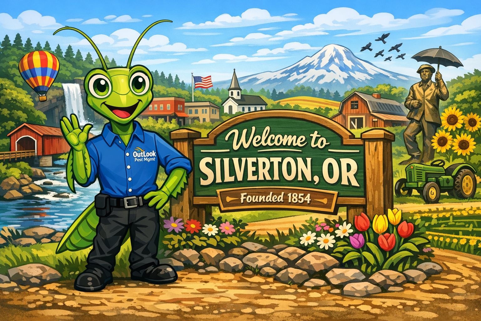 OutLook Pest Management mascot Manny the Mantis at Welcome to Silverton OR sign with Silver Falls State Park and rural Oregon scenery