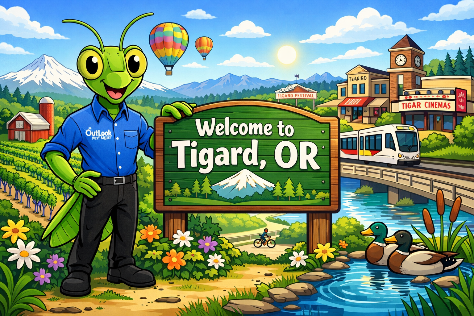 Welcome to Tigard, OR – Local pest control services by OutLook Pest Management Cartoon Manny the Mantis wearing a blue OutLook Pest Management shirt and black pants standing next to a Welcome to Tigard Oregon sign with local scenery including vineyards, downtown buildings, MAX train, and Pacific Northwest landscape