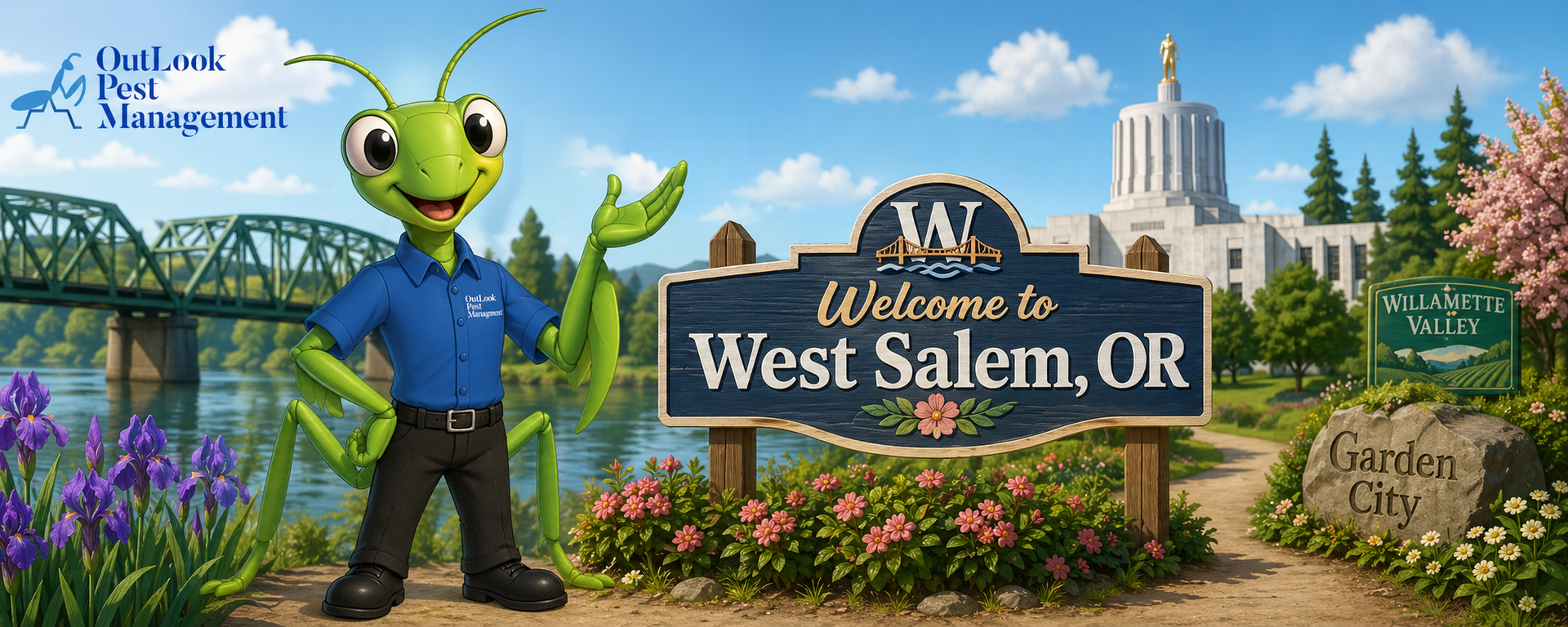 Cartoon Manny the Mantis wearing a blue OutLook Pest Management shirt and black pants standing beside a Welcome to West Salem, Oregon sign with the Willamette River, bridge, Oregon landmarks and local scenery in a fun pest control service banner.