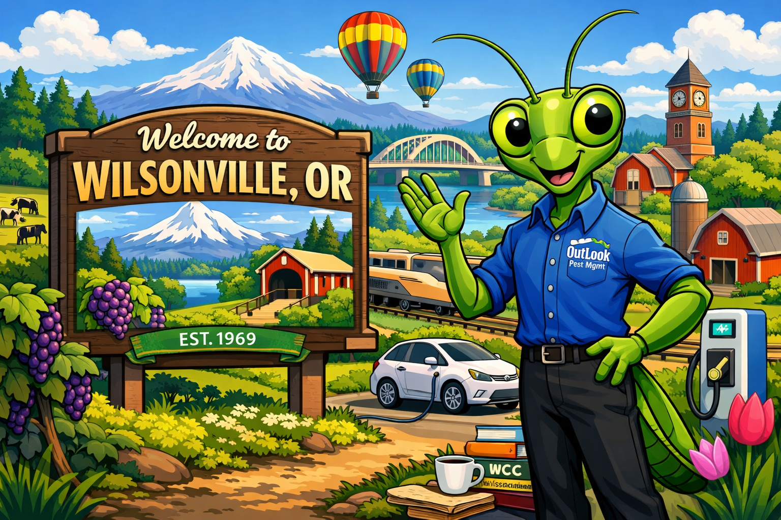 Cartoon Manny the Mantis from OutLook Pest Management wearing a blue uniform standing next to a “Welcome to Wilsonville, OR” sign with vineyards, Mount Hood, hot air balloons, and suburban homes in the background