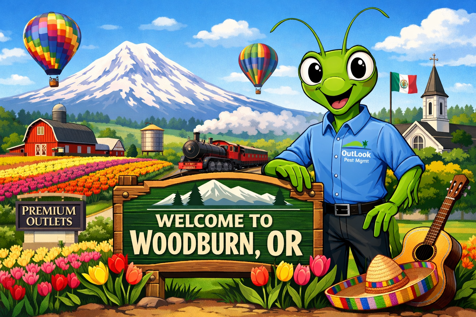 OutLook Pest Management featuring Manny the Mantis in a blue button-up shirt with the OutLook Pest Mgmt logo and black pants standing beside a “Welcome to Woodburn, OR” sign, with tulip fields, local farmland, Mount Hood, and Woodburn area landmarks in the background, promoting pest control services in Woodburn, Oregon.