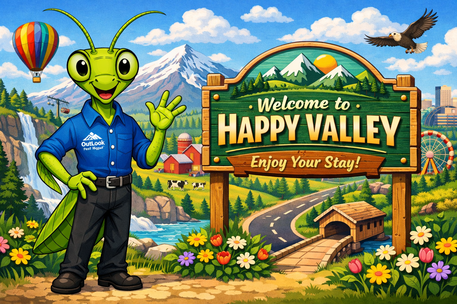 Manny the Mantis Welcome to Happy Valley Oregon pest control banner.