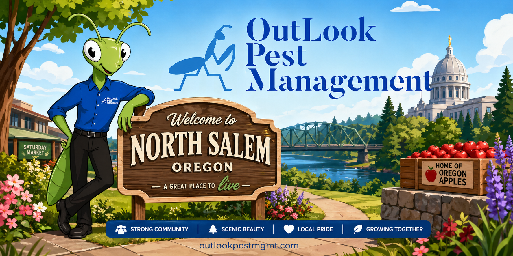 Cartoon pest control banner for North Salem Oregon featuring Manny the Mantis in blue OutLook Pest Management uniform beside Welcome to North Salem sign, Oregon Capitol, Willamette River bridge, local orchard imagery and OutLook Pest Management logo promoting residential and commercial pest control services in North Salem OR.